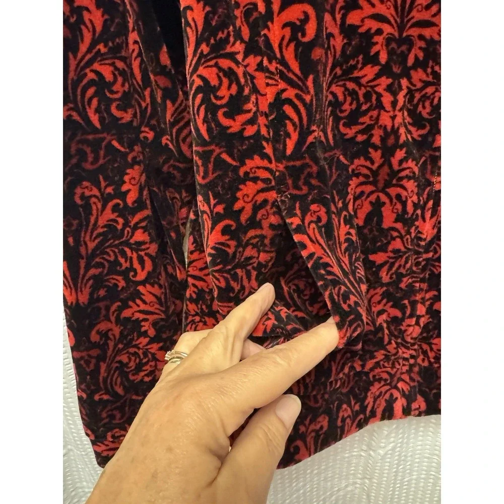 Charter Club Women's‎ SZ P/M Red Black Damask Velvet Zip Up Bomber Jacket Soft
